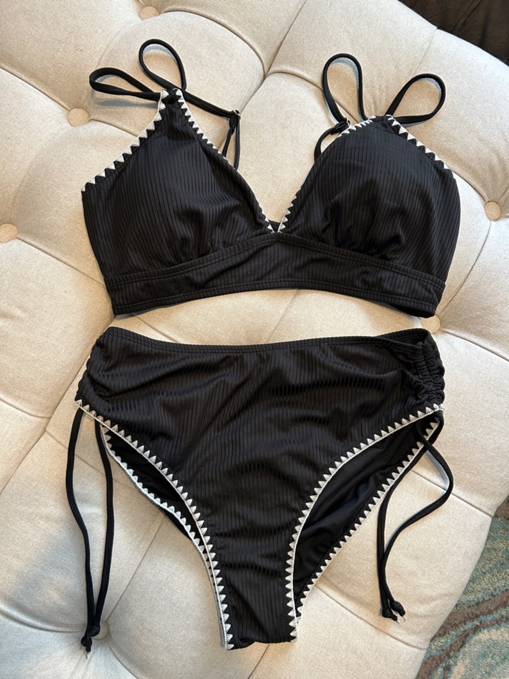 Black Triangle High-Waist Bikini Set with Contrast Trim